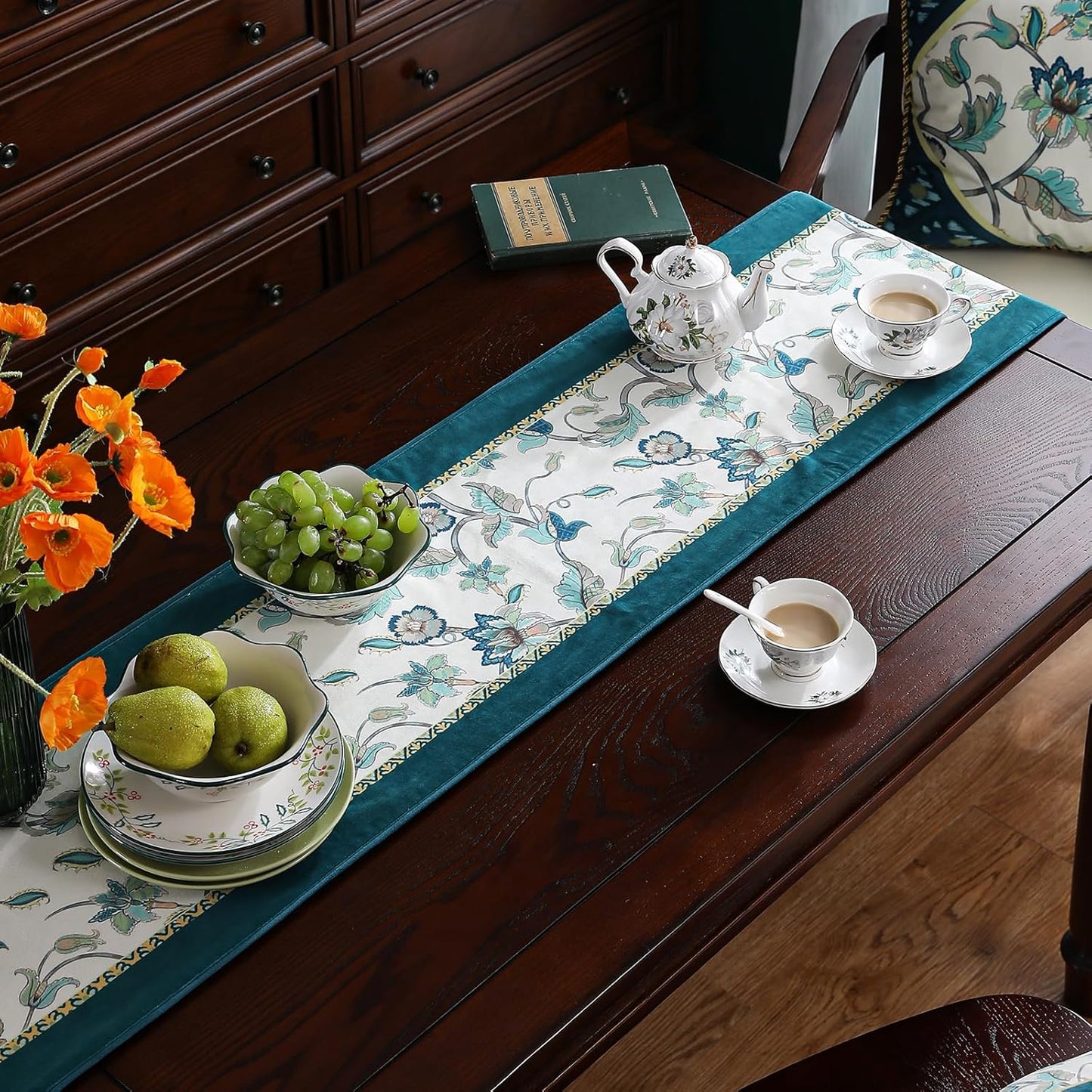 patdrea Designer Elegant French Floral Velvet Table Runner, Teal with Blossoms Pattern Table Mat, Decoration for Kitchen Dining Coffee Table Shelf Cabinet Banquet Thanksgiving,12"*71"