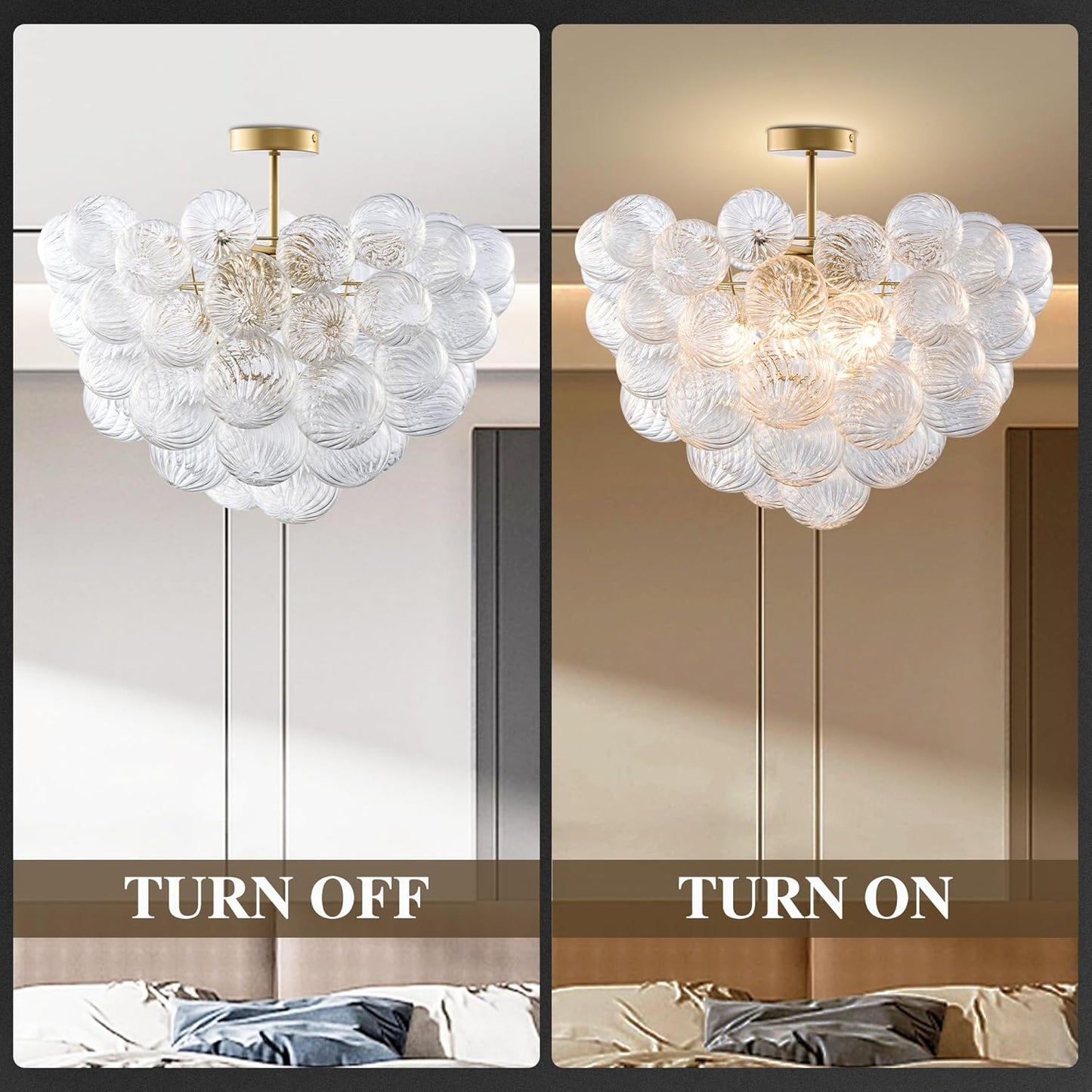 Bubble Ball Semi Flush Mounting Ceiling Light Fixtures, Dia 20 inch Gold and Clear Blown Glass Small Swirled Glass Chandelier for Bedroom Study Bathroom Dining Room