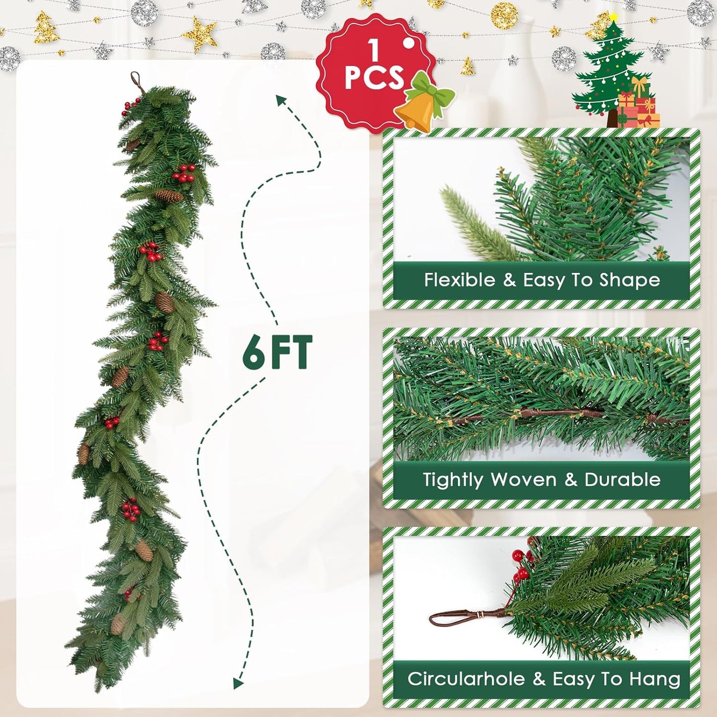 6FT Christmas Garland Artificial Norfolk Pine Tree Greenery, Cedar Cypress with Red Berries Pine Cones, Realistic Winter Holiday Mantel Fireplace Door Table Decor, Indoor Outdoor