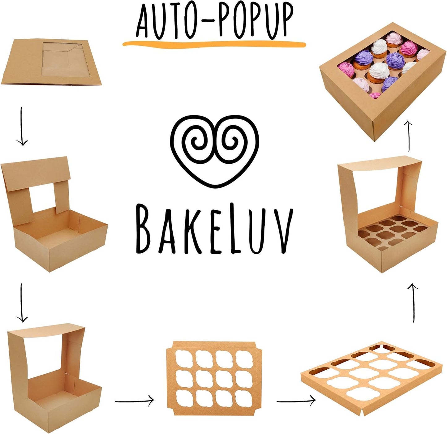 BAKELUV Brown 12 Cupcake Boxes, Cupcake Containers | 13x9.5x4, 25 Pack | 12 Cupcake Box Bulk, Cupcake Boxes 12 Count Carrier, Option to 14x10x4 Bakery Boxes with Window, ¼ Sheet Cake Box 13x9 Inches