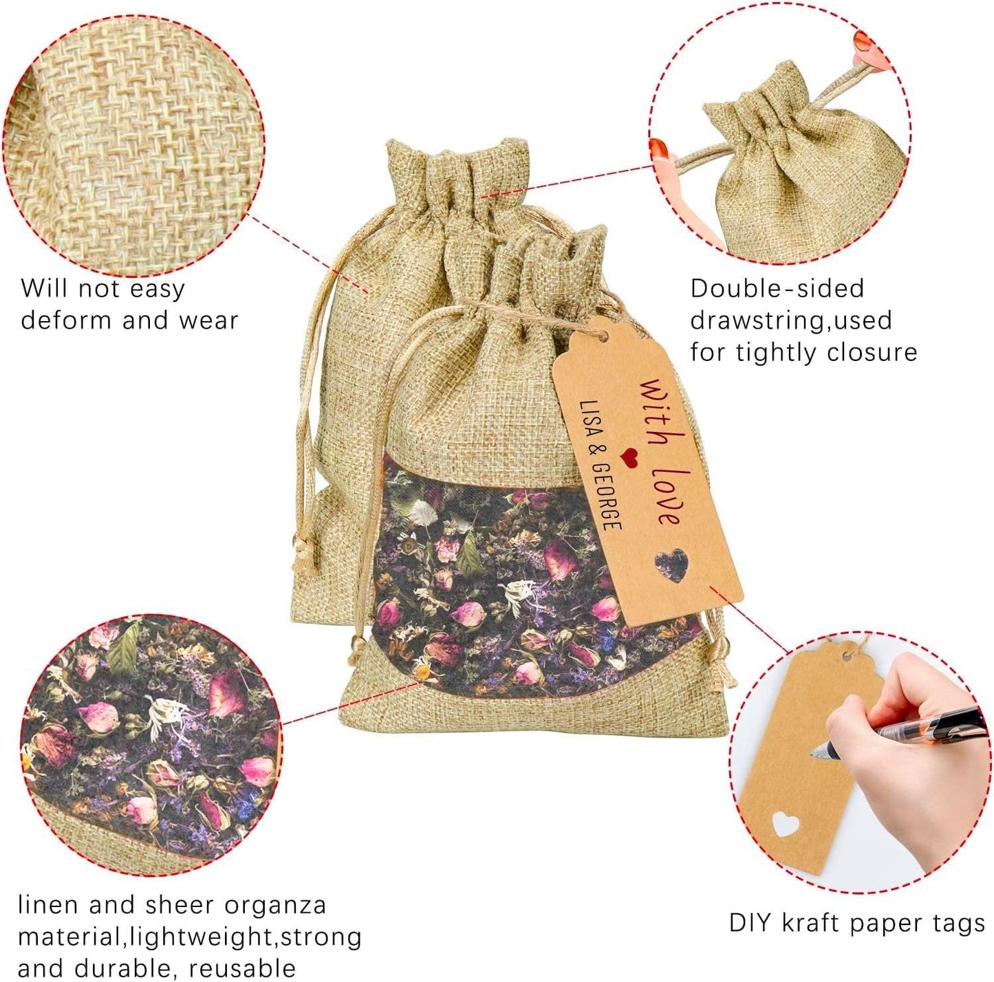 GIOIPC 50Pcs 6 x 9 Inch Linen Burlap Sheer Bags with Drawstring and Bonus Gift Tags for Wedding Birthday Bag,Craft Bags,Cosmetic Samples