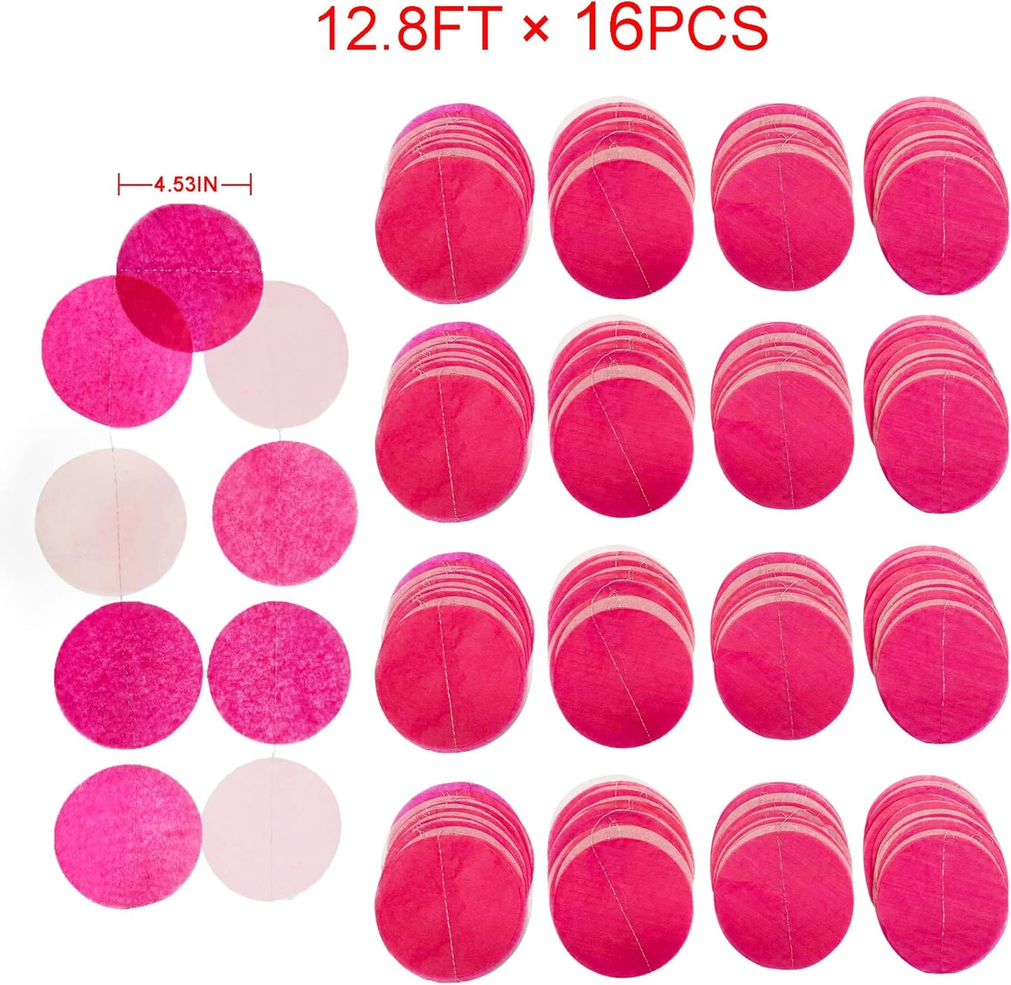 205Ft Hot Pink Party Decorations Big Circle Dots Backdrop Garland Rose Pink Tissue Paper Polka Dots Hanging Curtain Streamer for Birthday Bachelorette Engagement Wedding Bridal Shower Party Supplies