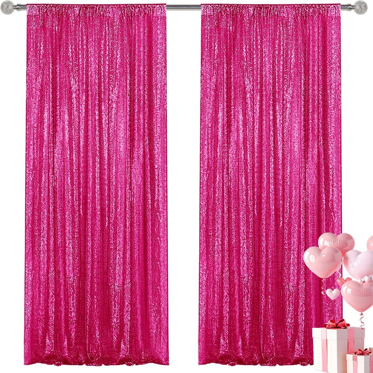 Fuchsia Sequin Backdrop Curtain 2 Pieces 2FTx8FT Glitter Photography Backdrop for Party Wedding Birthday Christmas Decorations