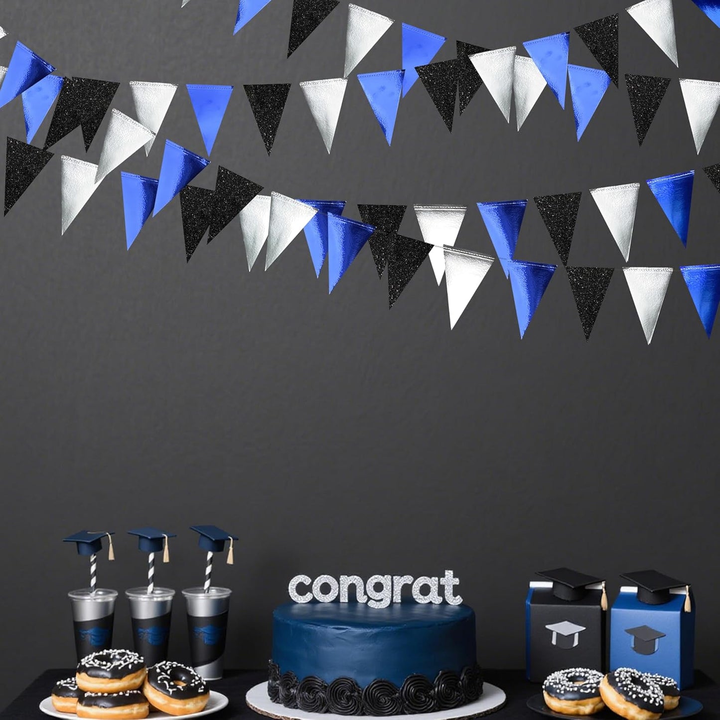 30Ft Navy Blue Black and Silver Party Decorations Royal Blue Triangle Flag Pennant Banner Bunting for Graduation Birthday Wedding Bridal Shower Nautical Ahoy Achor Theme Party Decorations Supplies