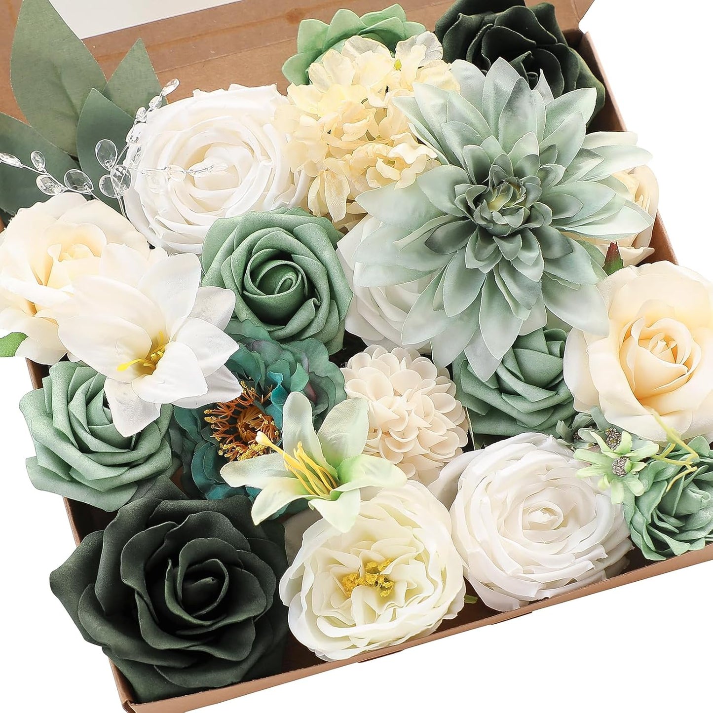 Floroom Sage Green Artificial Flowers Fake Roses Peonies Dahlia Greenery Combo Box Set for DIY Wedding Bouquets Bridal Shower Centerpieces Floral Arrangements Party Tables Home Decoration