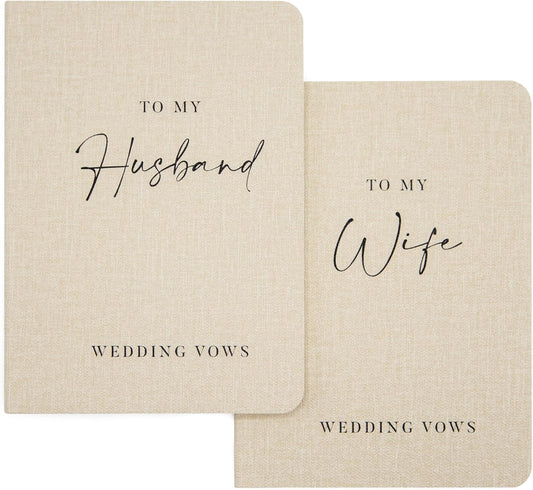 Slim Vow Books (Set of 2 - Design 2) - Soft Cream Canvas Linen Textured Cover Wedding Vow Booklets, Ceremony Speech Promise Notebook Journal, Gift for Newly Engaged Couple, 48 Lined Pages, 5.75" x 4"