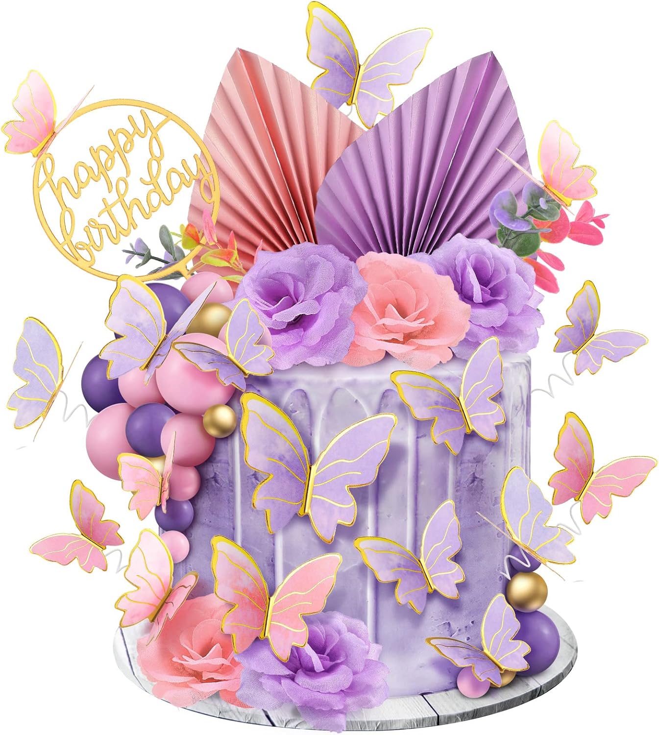 Shimeyao 52 Pcs Wedding Birthday Gold Cake Decoration Boho Cake Topper Pink Purple Flower Butterfly Palm Leaves Balls Toppers for Women Baby Shower Party Decoration(Candy Color)
