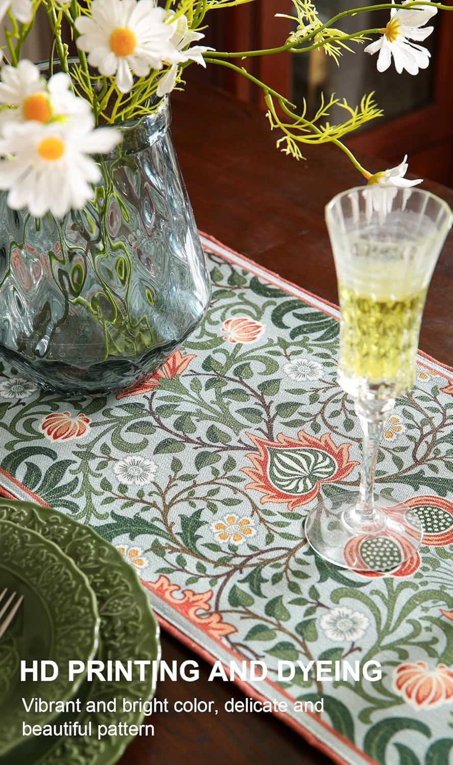 ISAENNE Designer French Green Elegant Linen Table Runner 87 Inches Long,Colorful Flower Pattern Soft Table Runners for Dining Tables,Thanksgiving,Kitchen Tables,Christmas,12"*87"-Naples B