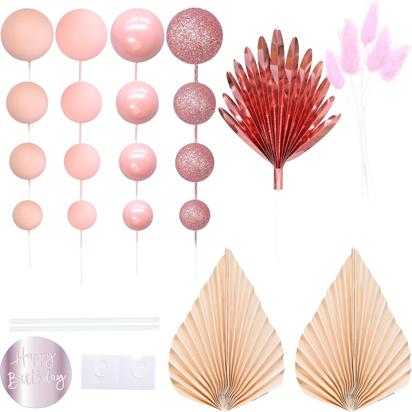 Ephlyn 33 Pack Balls Cake Toppers Boho Palm Leaves Cake Decorations Round Acrylic Happy Birthday Cupcake Toppers for Birthday Wedding Baby Shower Party Supplies Rose Gold