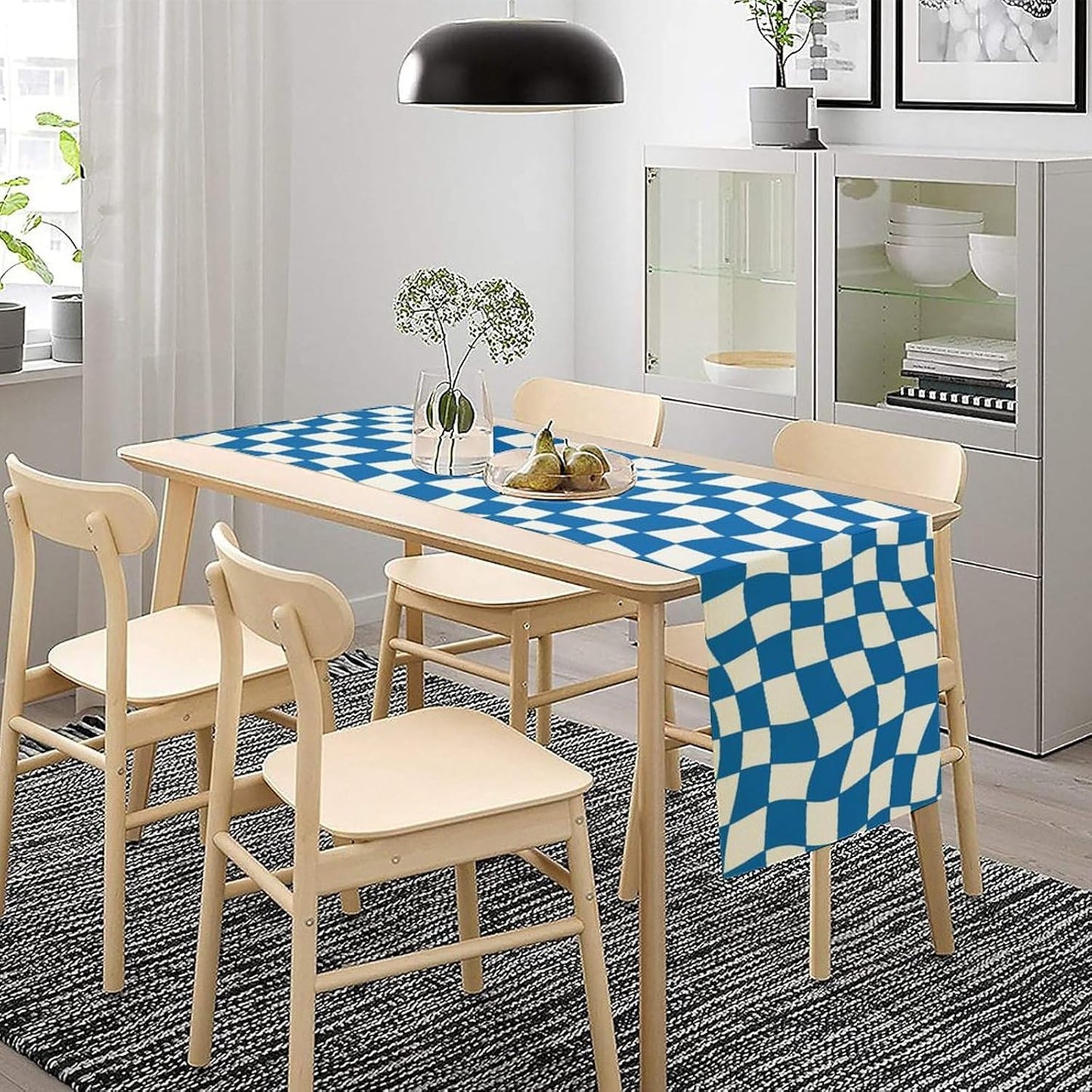 Table Flag Retro Plaid 60s70s Blue Plaid Table Flag Kitchen Restaurant Decoration Suitable for Indoor and Outdoor Festival Home Wedding Party Table Flag 13x36