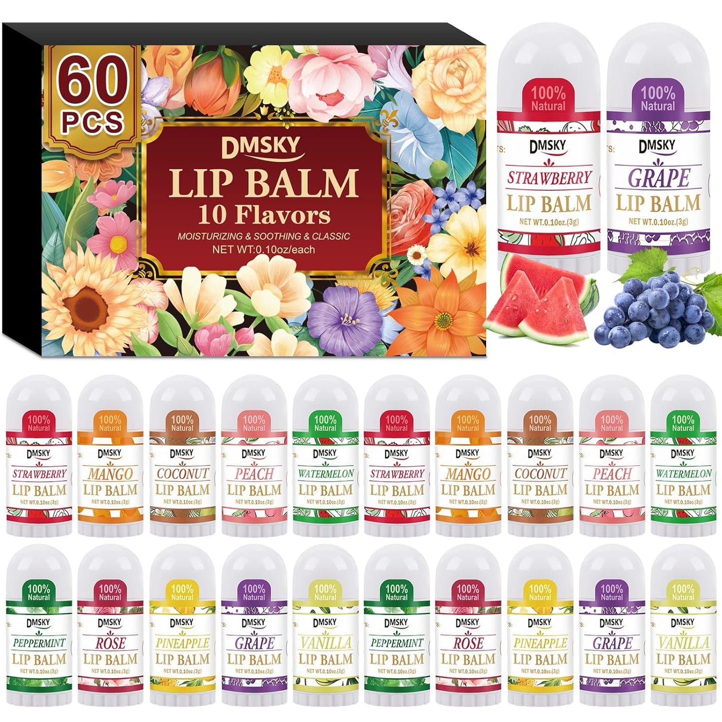 DMSKY Mini Lip Balm 60 Pack, Natural Lip Balm Bulk with Vitamin E and Coconut Oil, Moisturizing Lip Balms for Dry Cracked lips - 10 Flavors
