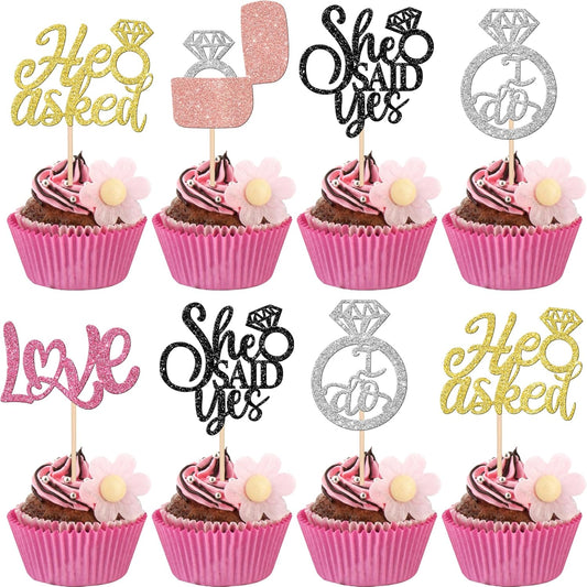 30 PCS He Asked She Said Yes Cupcake Toppers Diamond Ring Cupcake Picks Love I Do Bridal Shower Cake Decorations for Wedding Enaggement Theme Party Supplies Colorful