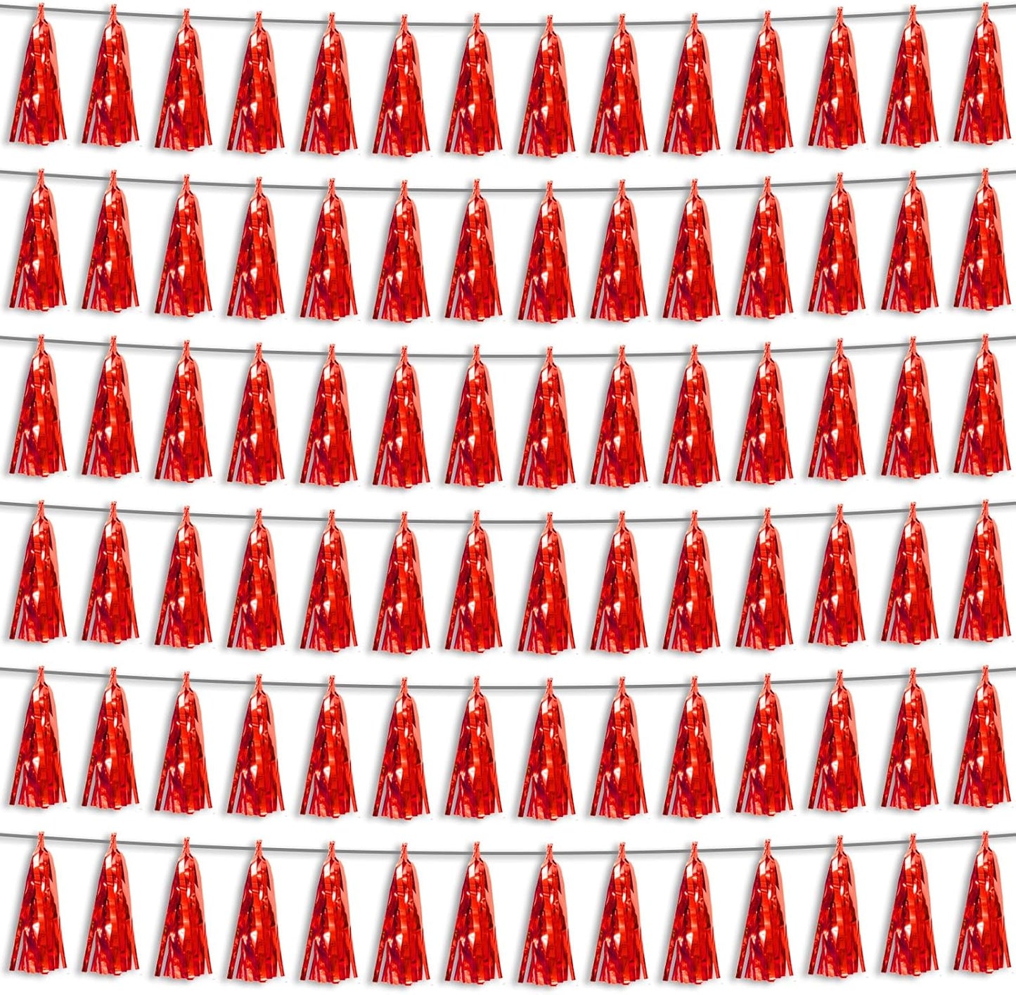 6P Red Foil Fringe Metallic Tassel Streamers Banner Tassel Garland for Parade Floats, Bachelorette, Wedding, Birthday, Graduation, Christmas, Bridal/Baby Shower Party Decorations