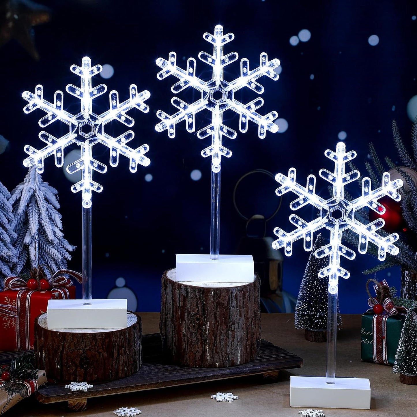 Riakrum 3 Pcs Lighted Christmas Tabletop Decorations Snowflake Table Decor Xmas Night Lights Battery Operated Christmas Centerpiece Lights Indoor for Holiday Winter Party Desk