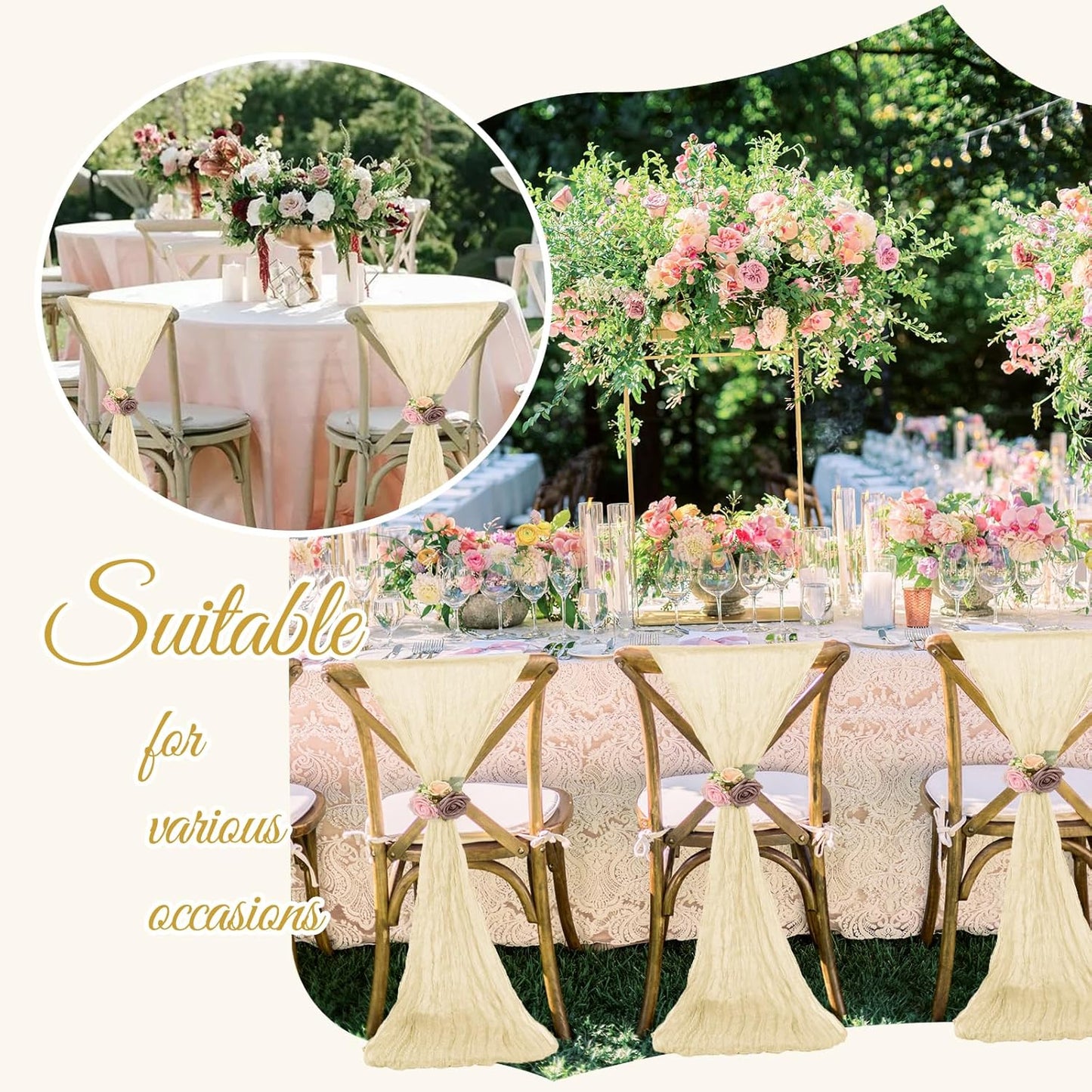 36 Pcs Ivory Cheesecloth Chair Sashes, 16 x 108 inch Gauze Fabric Washable Chair Sashes Bows Designed for Aisle Decorations Universal Chair Cover Decor for Wedding Reception Party Banquet