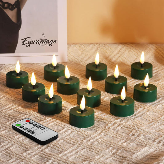 Eywamage Green LED Tealights with Remote Batteries, Flickering Flameless Tea Lights Votive Candles Set of 12
