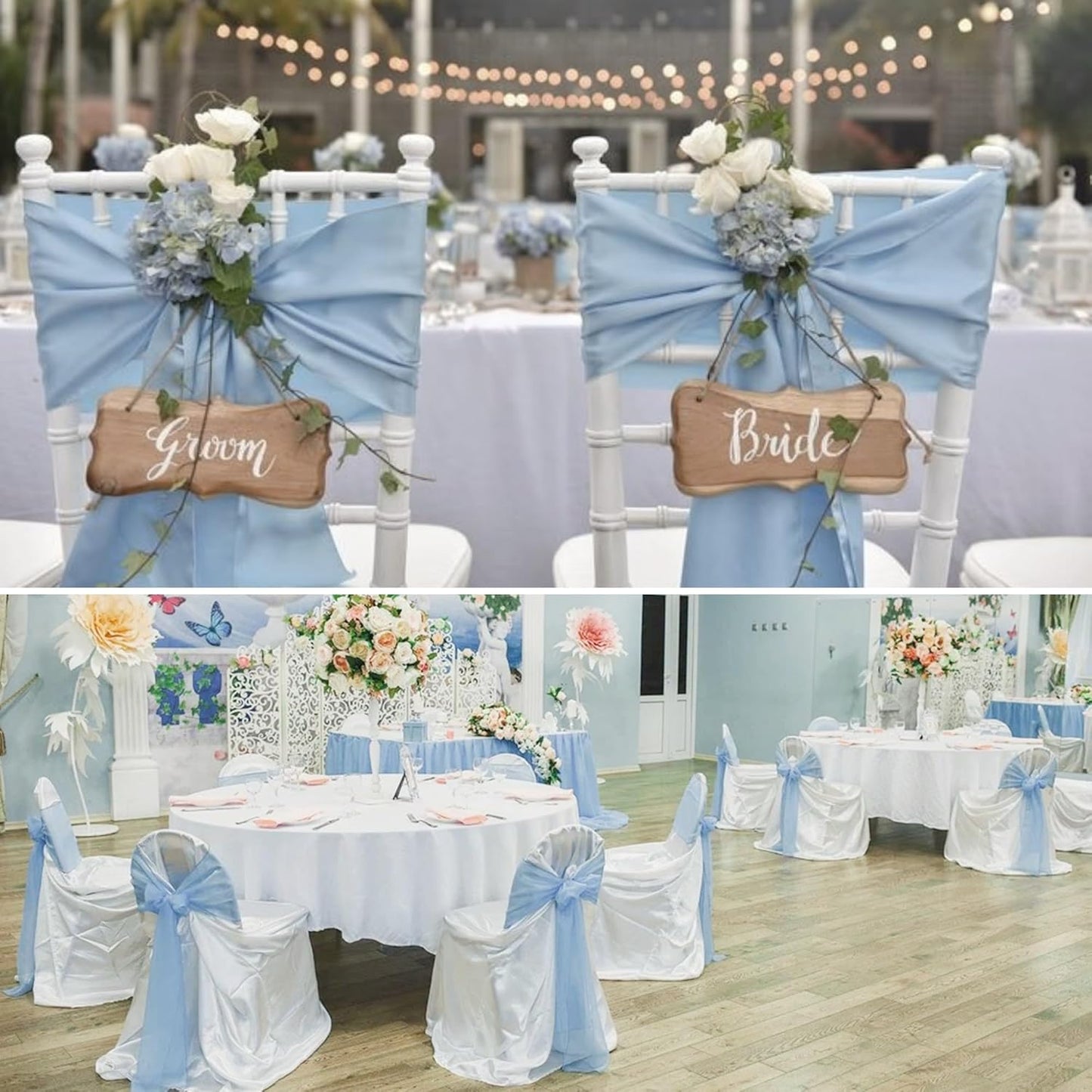 50 PCS Satin Chair Sashes Decorative Bow Chair Sashes Ties Back Ribbon Bows Seat Cover Band for Wedding Birthday Party Ceremony Reception Hotel Events Banquet Home Kitchen Decor(7x108inch,Baby Blue)