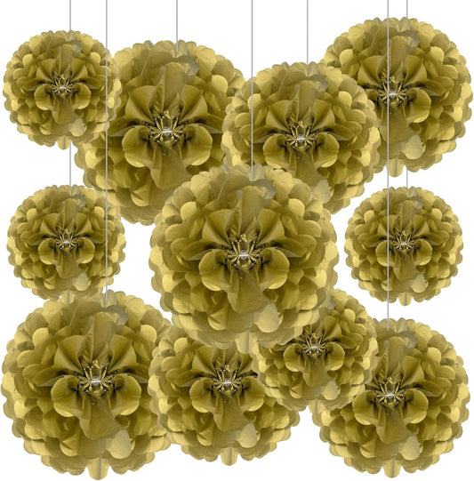 Tissue Paper Pom Poms, Gold Tissue Paper Flowers, Hanging Flower Balls for Weddings Fiesta Parties Birthday Baby Showers Classroom Bridal Shower Decoration (20Piece Set-6/10/12/14Inch)