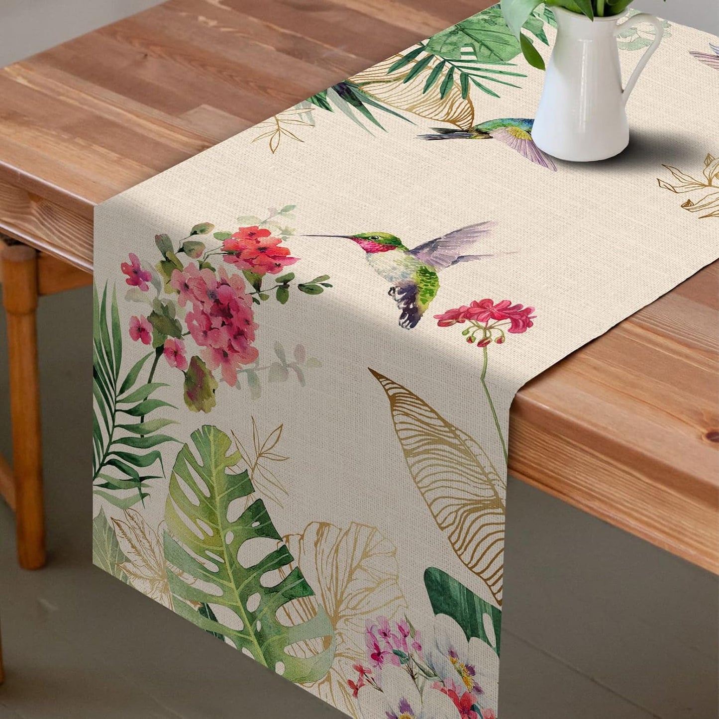 Seliem Summer Tropical Hummingbird Palm Leaf Greenery Table Runner, Spring Birds Home Kitchen Monstera Geranium Flowers Dining Decor, Seasonal Burlap Decorations Anniversary Party Supply 13 x 72 Inch