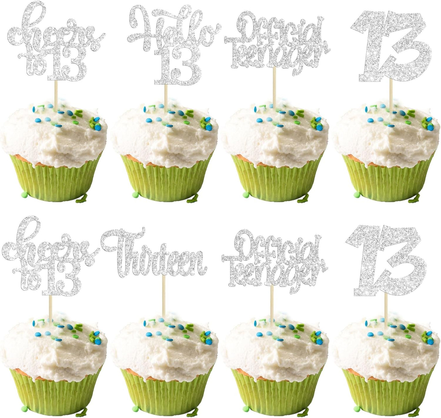 30Pcs 13th Birthday Cupcake Toppers Hello 13 Cupcake Picks Official Teenager Cheers to 13 Years Old Cake Decorations for 13th Birthday Anniversary Party Supplies Silver Glitter