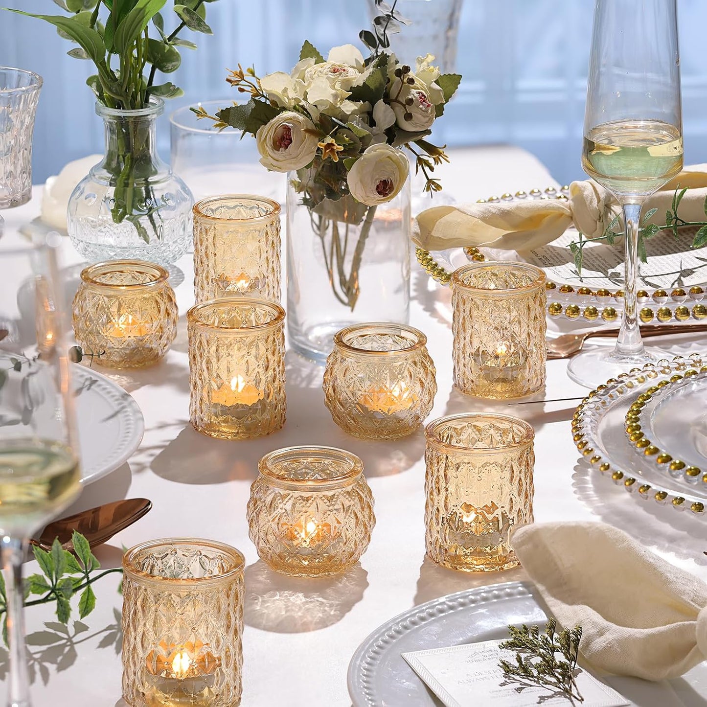 36pcs Assorted Gold Votive Candle Holders, Tea Light Candle Holder Glass for Diwali, Gold Candle Holders for Wedding, Table Centerpiece, Brithday and Holiday Decorations