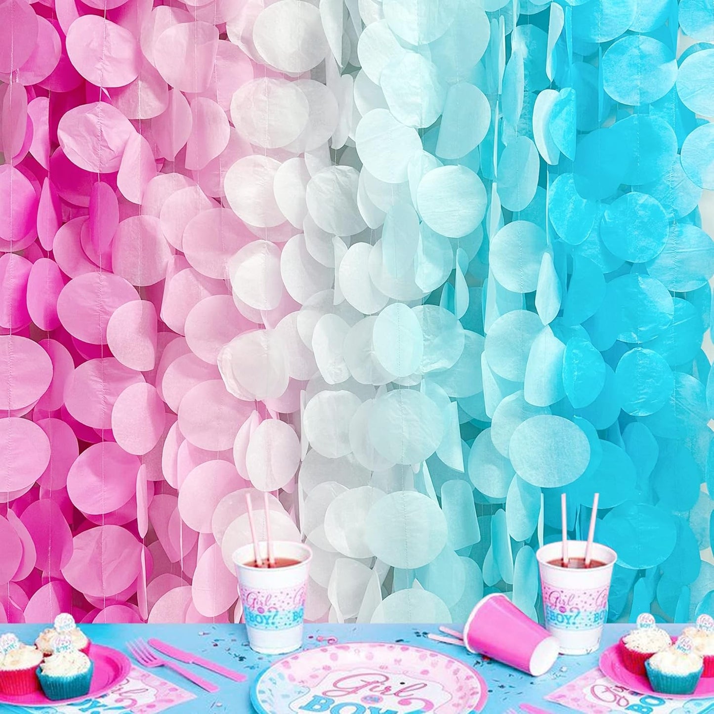 205 Ft Gender Reveal Party Decorations Ombre Pink and Blue Big Circle Dot Backdrop Garland Tissue Paper Polka Dot Hanging Curtain Streamer for He or She Boy or Girl Baby Shower Birthday Party Supplies