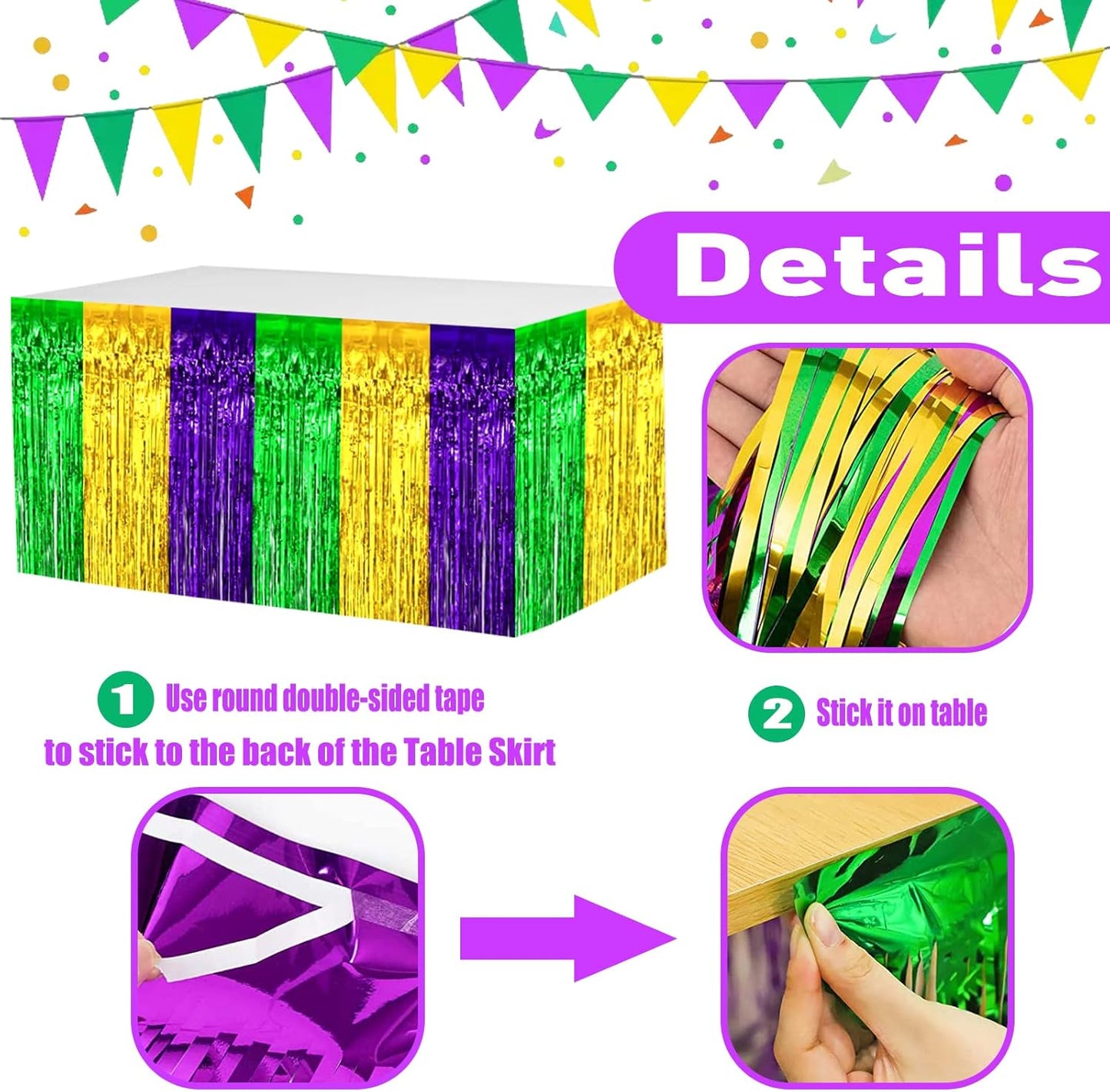 4 Pack 29x108 Inch Mardi Gras Metallic Foil Fringe Tinsel Table Skirts for Rectangle Tables Streamer Backdrop for Wedding, Birthday, Parade Floats, Valentine's Day Party Decoration(Gold Green Purple)