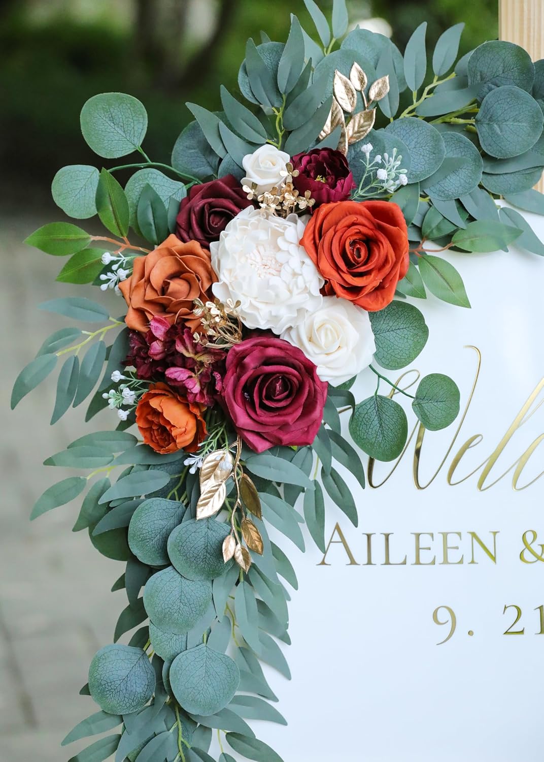 Artificial Burnt Orange Wedding Arch Flowers Swags (Set of 2) for Welcome Signs Floral and Wedding Church Decoration Ceremony, Anniversary, etc, Burgundy Roses Flowers