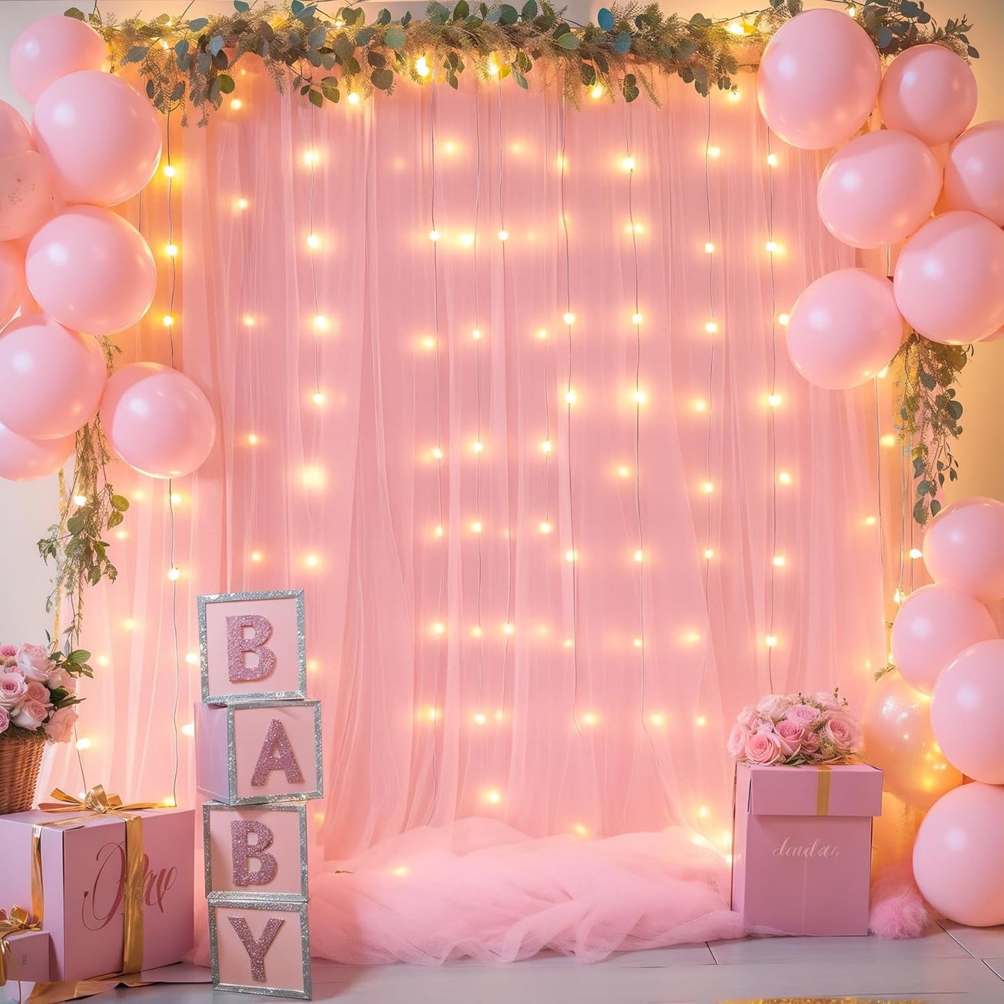 Sheer Backdrop Curtains with Lights String for Weddings Baby Showers, 20x10ft Sheer Tulle Photo Backdrop Curtains for Birthday Party Photography Background Decoration, Pink