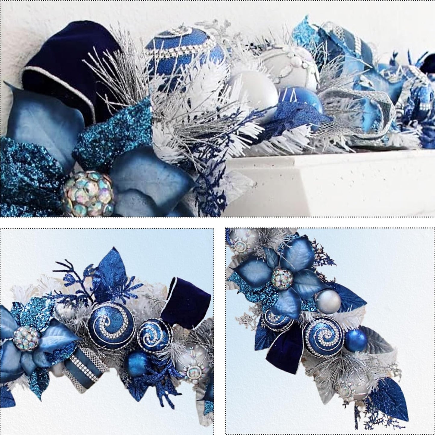 5 ft Christmas Garland for Mantle Unlit Garland for Stairs Railing, Banister, Staircase, Fireplace, for Table No Light, Garland Decor Frosted Red Poinsettia Holiday Tree (Lux Blue Silver)