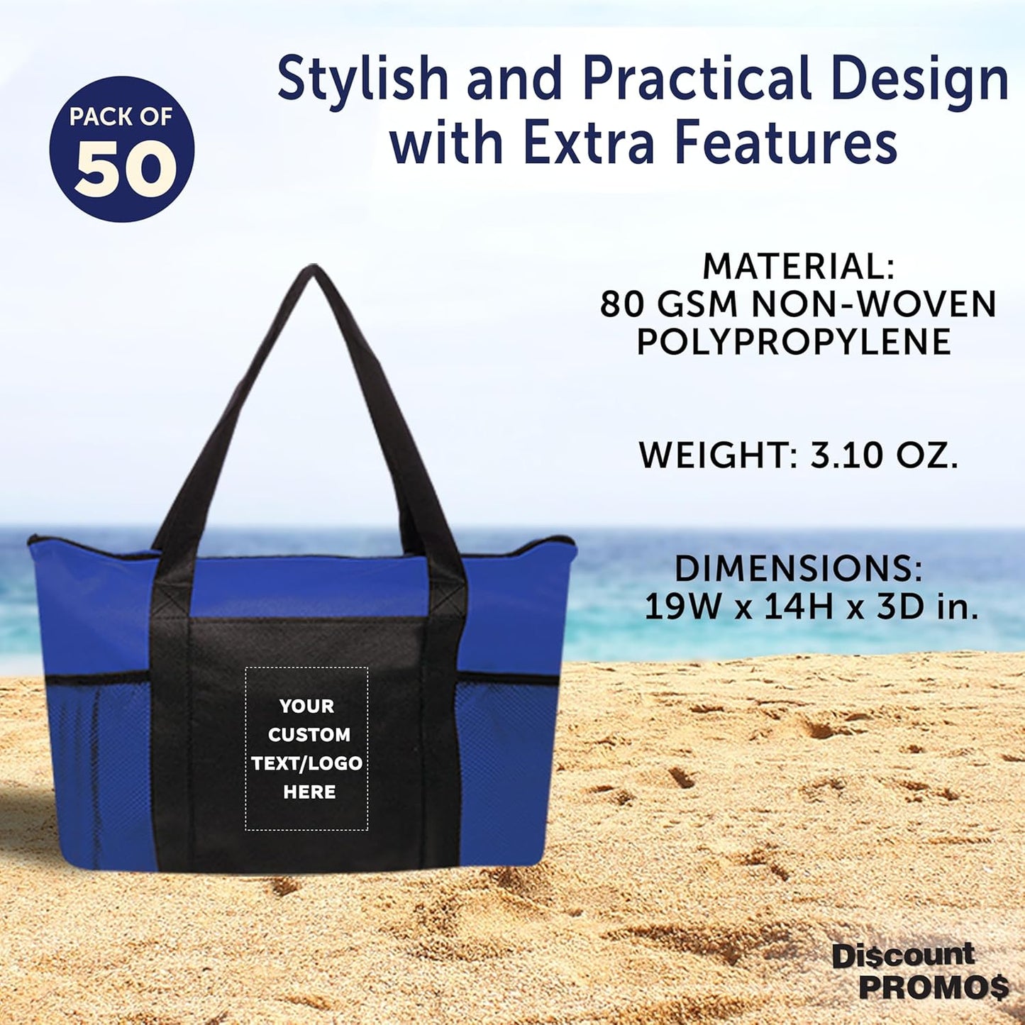 DISCOUNT PROMOS 50 Zippered Non-Woven Tote Bags Set - Customizable Text, Logo - Mesh Pocket, Zippered, Recyclable, Reusable - Blue - 19"X14"X3", with Zipper