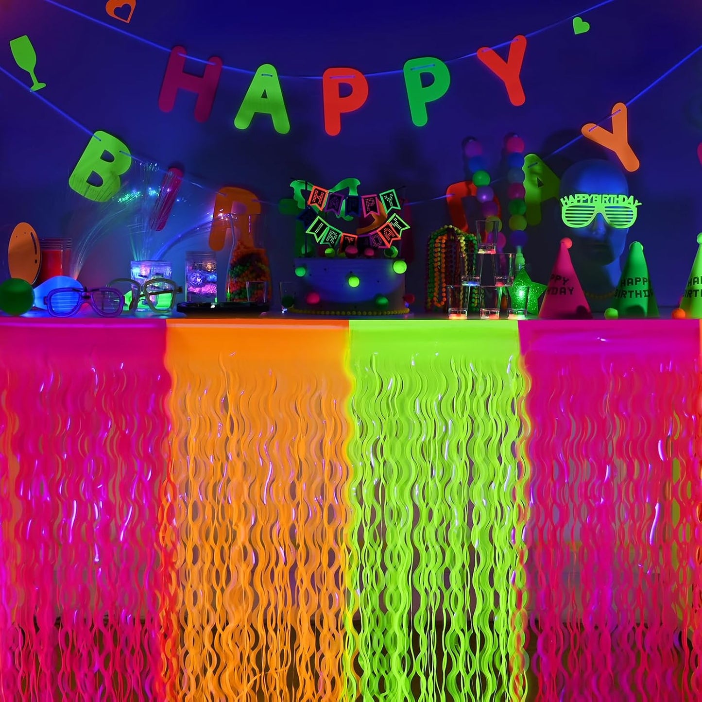 Mega-L Glow in The Dark Party Supplies, 2 Pack Neon Party Decorations Fluorescent Macaron Orange, Yellow and Fuchsia Wavy Metallic Tinsel Foil Fringe Table Skirts, Perfect Table Decors Glow Decors