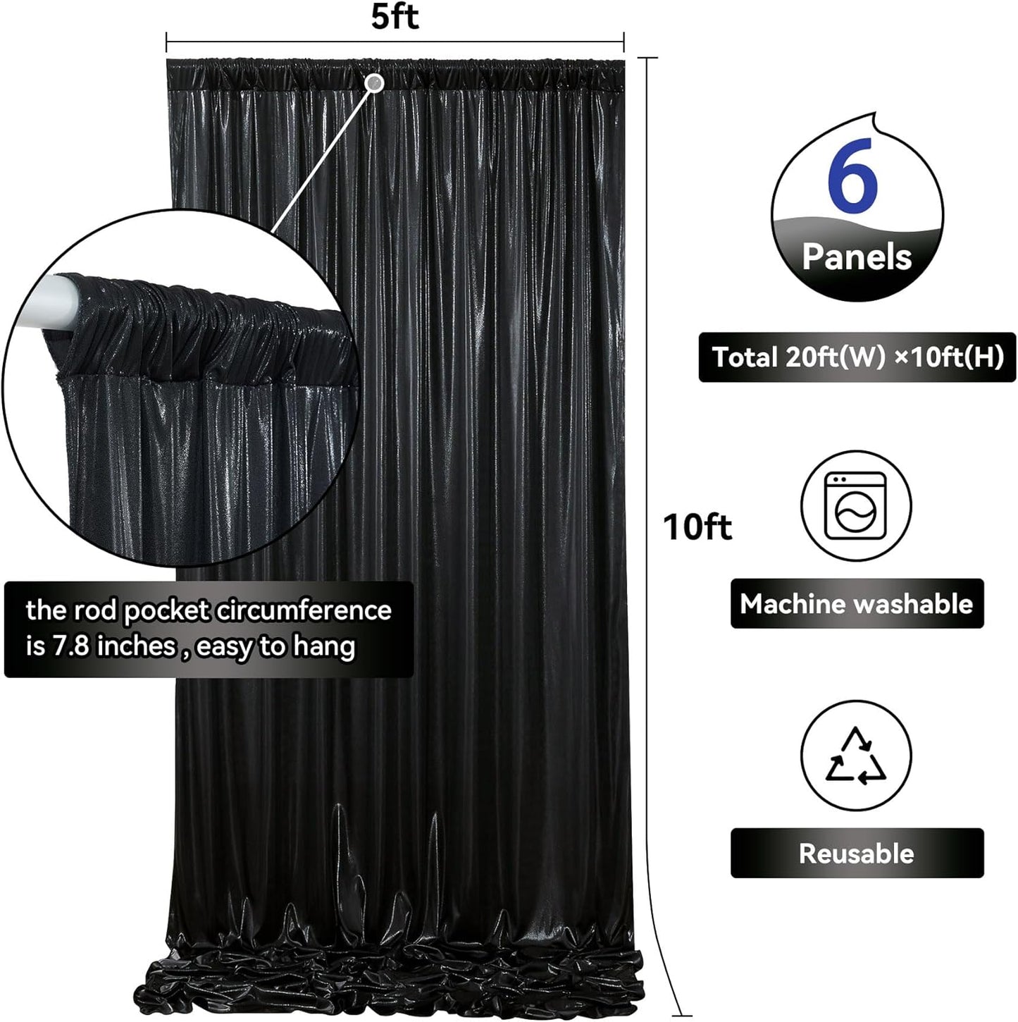 30ftx10ft Black Sequin Backdrop Curtain for Parties, Wrinkle Free Glitter Photo Backdrop Drapes 6 Panels 5x10FT Back Drop Cloth Shimmer Fabric for Wedding Birthday Photography Background