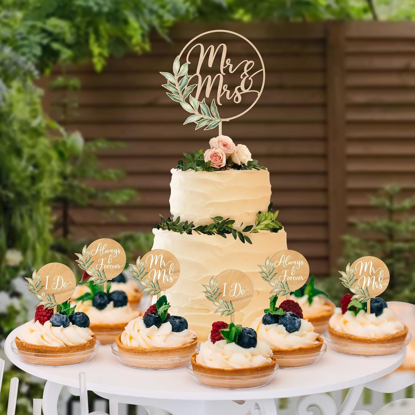 Mr & Mrs Cake Topper & 12 PCS Wedding Cupcake Toppers Green Wedding Decorations in Wood