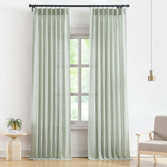 Vision Home Soft Green Pinch Pleated Semi Sheer Curtains Textured Linen Blended Light Filtering Window Curtains 120 inch for Living Room Bedroom Pinch Pleat Drapes with Hooks 10ft 2 Panels 40"Wx120"L