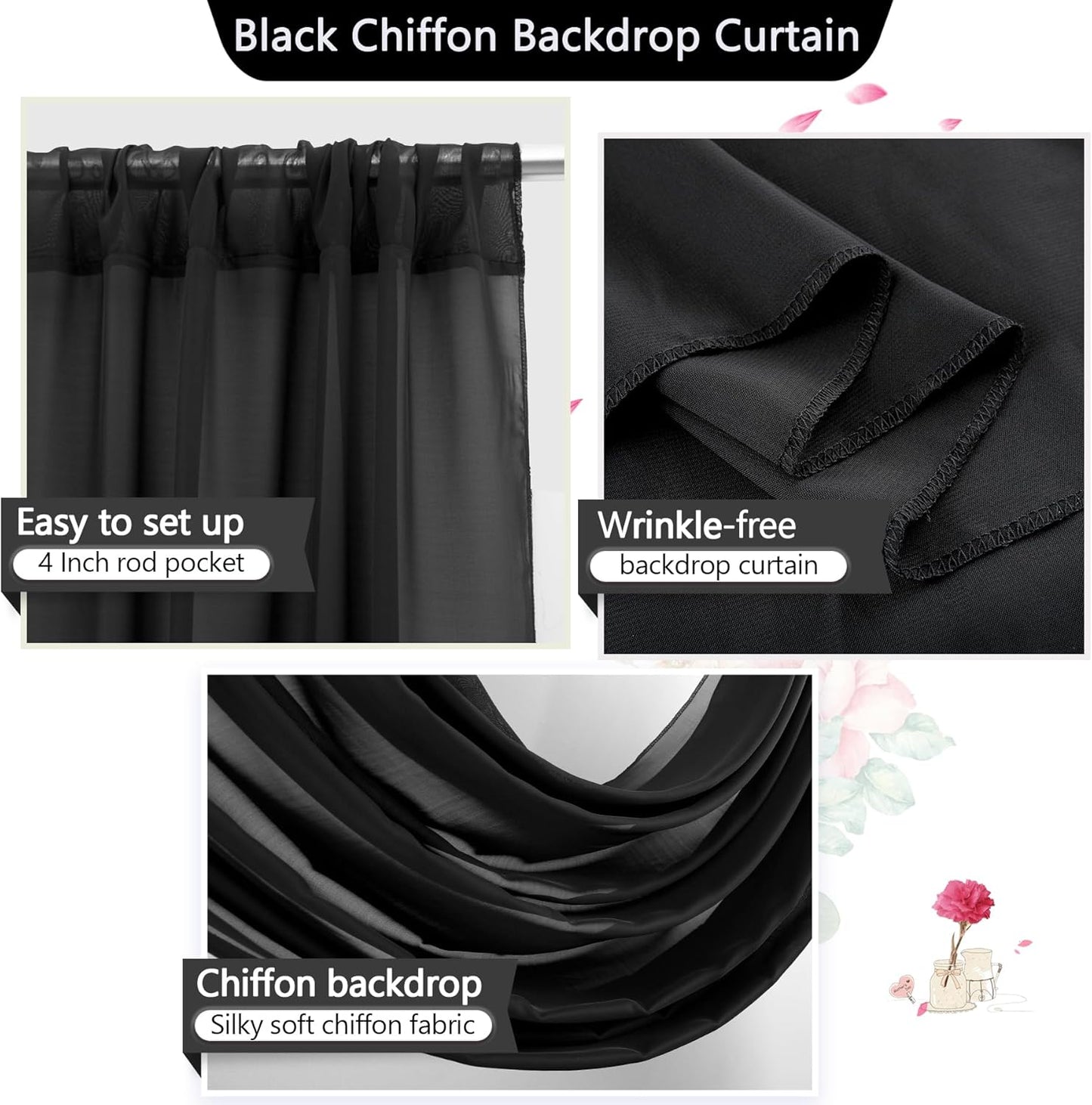 PARTISKY 10ftx7ft Black Chiffon Backdrop Curtains, Wrinkle-Free Sheer Fabric Photo Drapes for Wedding Ceremony Arch Birthday Baby Shower Photography Stage Decor 5ft x 7ft, 2 Panel