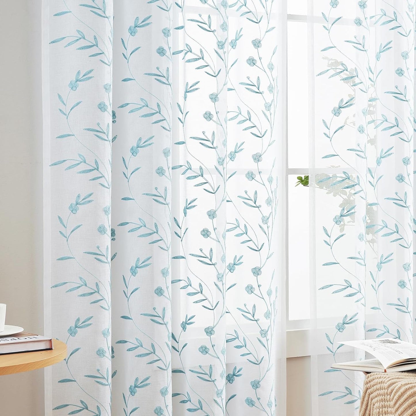 Sheer Curtains White-Blue 45 Inches Long Floral Embroidery Rod Pocket Voile Drapes for Living room, Bedroom, Window Treatments Semi Lace Outdoor Curtain Panels for Yard, Kitchen, Set of 2, 52"x 45".