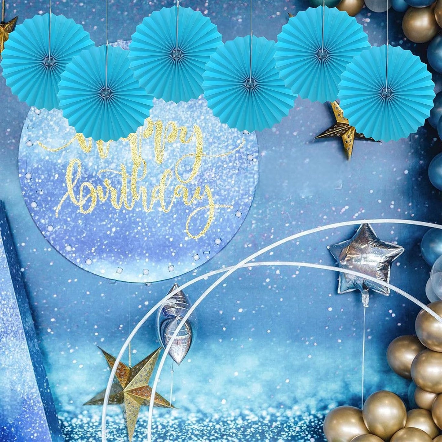 BARTHEW Blue Hanging Paper Fans,Blueaccessories Paper Decorations for Party,Blue Harmony Classroom Decorations,Party Decorations for Boys 16in Hanging Paper Fans 30 Color DIY Set (Sky Blue)