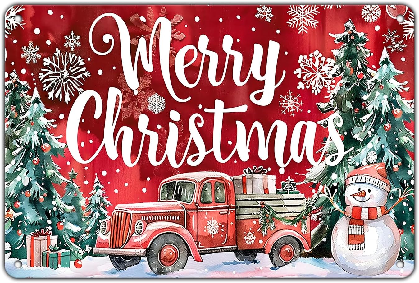 Christmas Truck Metal Tin Sign Merry Christmas Sign Funny Snowman Tin Sign Christmas Tree House Decoration for Indoor Home House Decor Party Supplies 8x12Inch