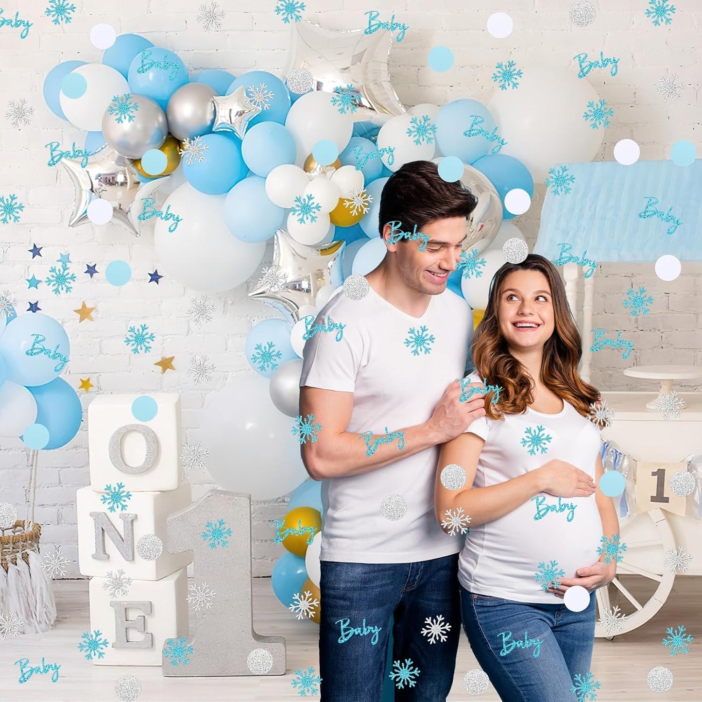 MARFOREVER Winter Baby Shower Table Confetti, 200 Pcs Glitter Blue Silver Snowflake Table Decorations Winter Gender Reveal Party Confetti Sprinkle for Winter Birthday Party Baby Shower Decorations