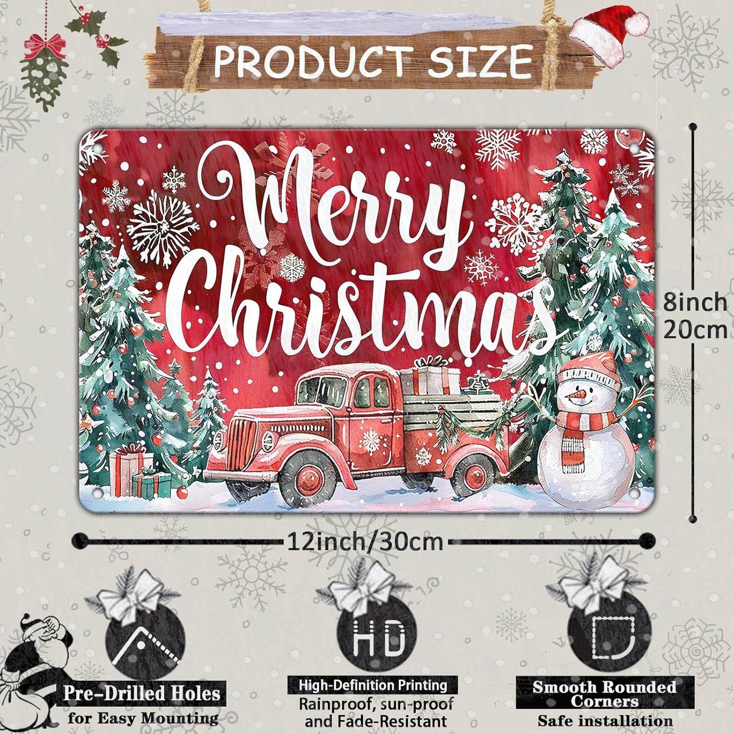 Christmas Truck Metal Tin Sign Merry Christmas Sign Funny Snowman Tin Sign Christmas Tree House Decoration for Indoor Home House Decor Party Supplies 8x12Inch