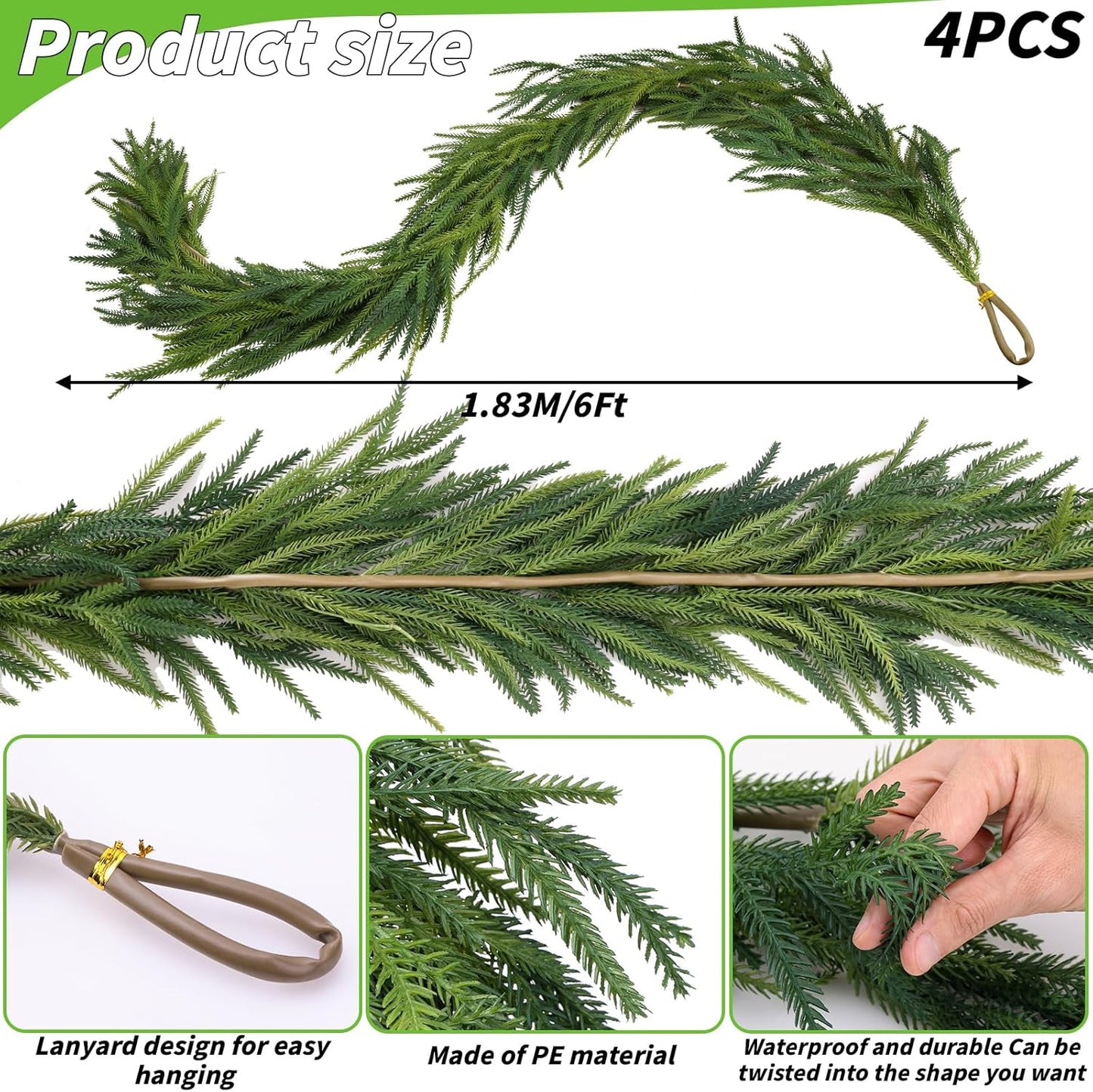 4 Pcs Artificial Norfolk Pine Garlands Christmas, 6 FT Dense Real Touch Winter Pine Garland Ornament, Green Artificial Greenery Garland for Table, Mantle, Wall, Indoor, Outdoor Christmas Decorations