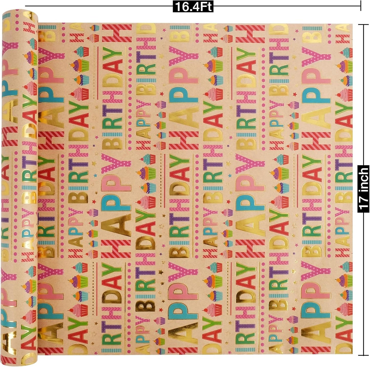 Aimyoo Colorful Birthday Wrapping Paper Roll - 17 Inch X 16.4 Feet - Gold Foil Happy Birthday Lettering & Cupcake Design Gift Wrap for Kids, Baby Showers