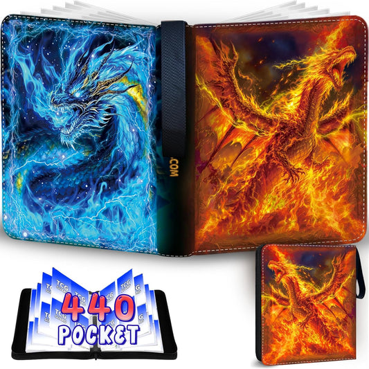 440 Card Binder 4 Pocket, 3-Ring Trading Card Binder with 55 Page Removable Sleeves, High Storage Waterproof Trading Card Holder Collection Card Album Carrying Organizer Case for MTG TCG Cards -Fire