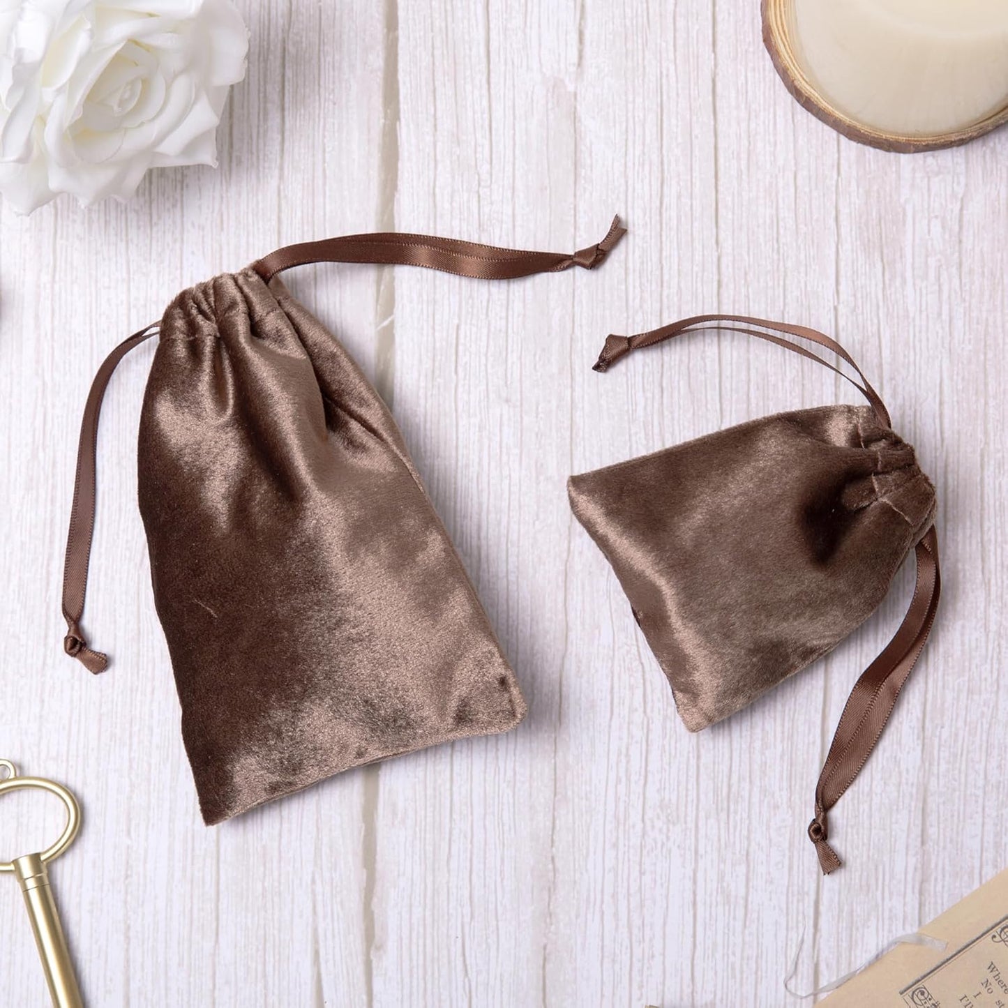 QIANF 12pcs Brown Velvet Drawstring Bags 3x4 inches Glossy Small Velvet Cloth Gift Bags Jewelry Pouches for Storage Wedding Party Favor Christmas