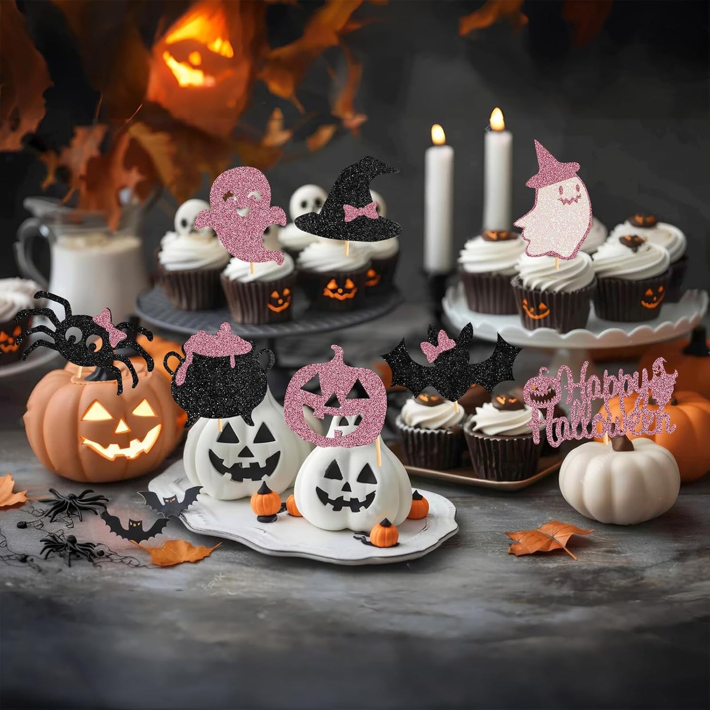 60Pcs Halloween Cupcake Toppers, Bat Pumpkin Ghost Cupcake Decorations for Halloween Party Supplies,Pink Multi Style1