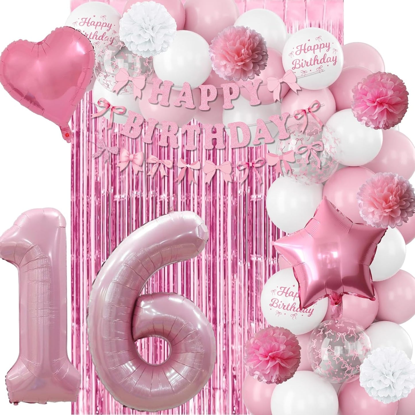 16th Birthday Decorations for Girls Pink Number 16 Balloon Bow Coquette Happy Birthday Banner Fringe Curtain Paper Pom Poms Star Heart Foil Pink White Balloons 16 Year Old Party Decor for Her