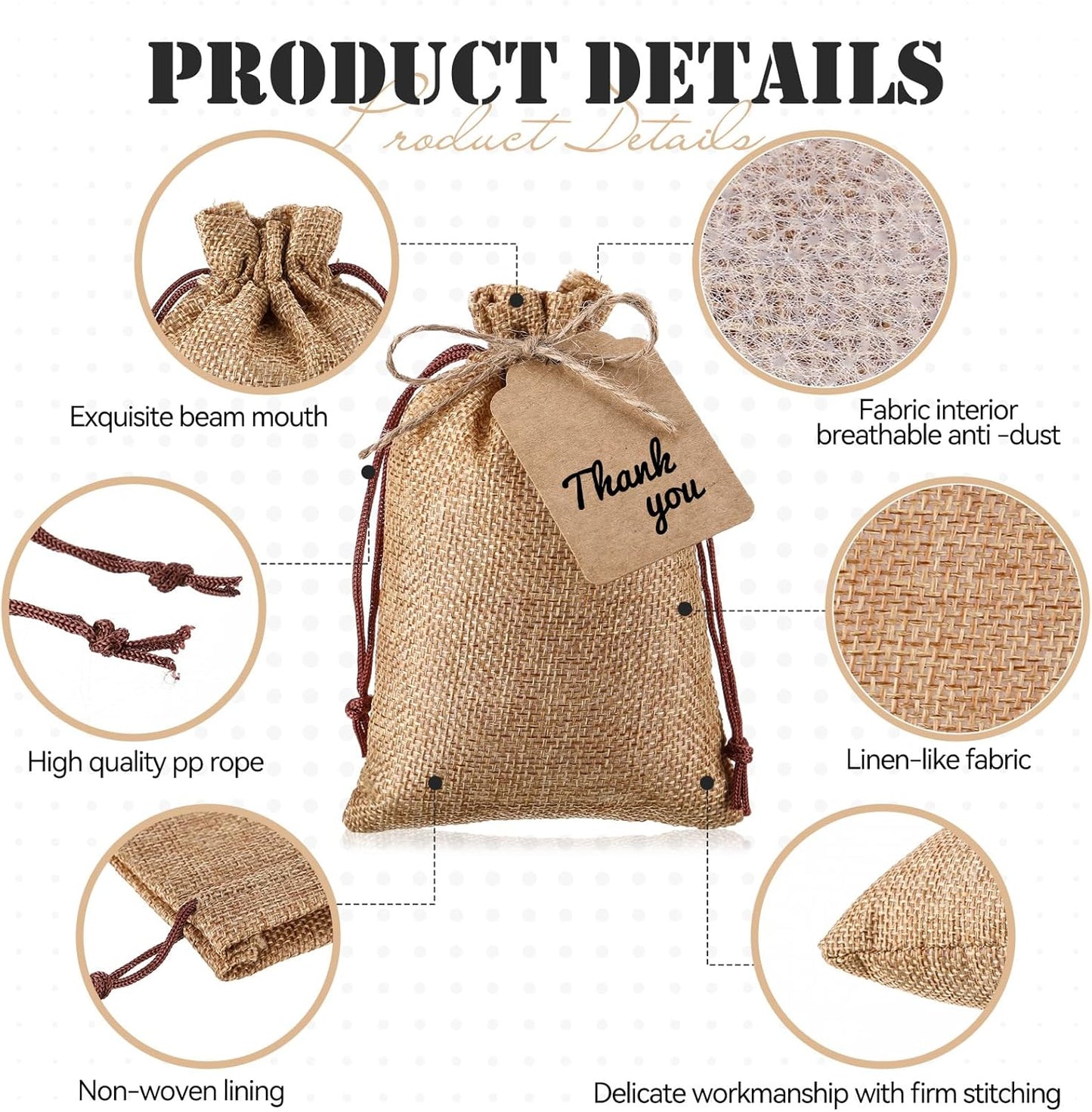 Woanger 100 Pcs Burlap Gift Bags with 100 Pcs Kraft Paper Gift Tags with Drawstring Favor Bulk Burlap Sack Bags for DIY Wedding Party Craft (4 x 6 Inch,Hemp, Beige, Medium Brown, Dark Brown)