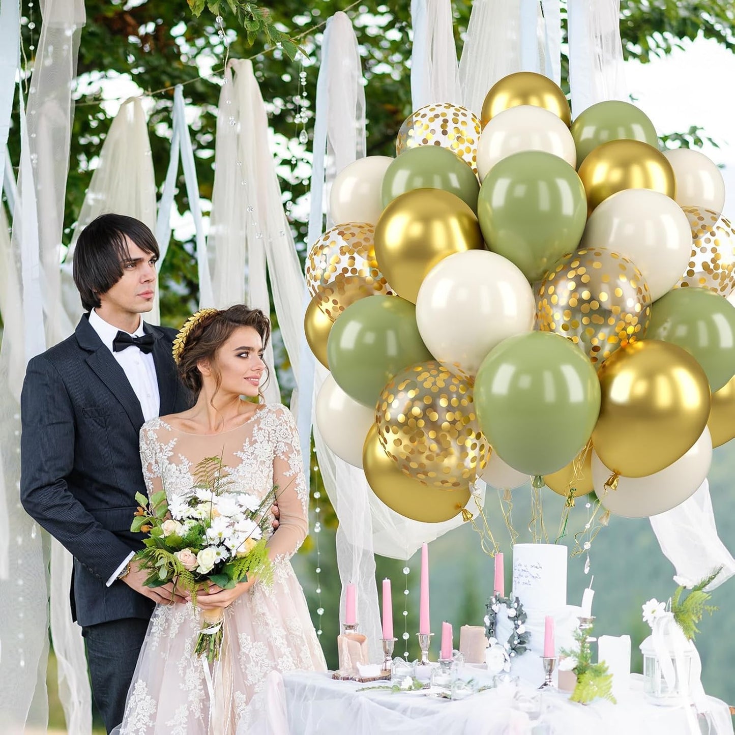 Sage Green and Gold Balloons, 50 PCS Sage Green Party Balloons, 12 Inch Metallic Gold Confetti Avocado Green Sand White Latex Balloons for Birthday Jungle Safari Wedding Baby Shower Party Decorations