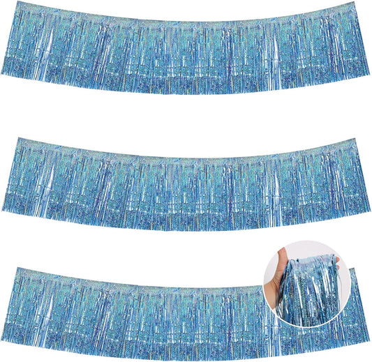 BEISHIDA 3 Packs Metallic Foil Fringe Garland Laser Light Blue Wall Hanging Tinsel Fringe Banners for Car Floats Bridal Shower Wedding Birthday Easter Graduation Holiday Party Decoration(30 Feet)
